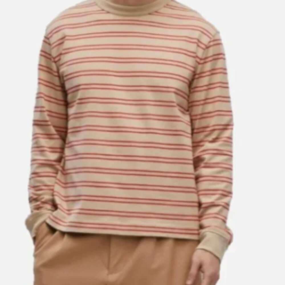 Mode of One Mens Long Sleeve Relaxed Stripe T Shirt Cinnamon Brulee XL